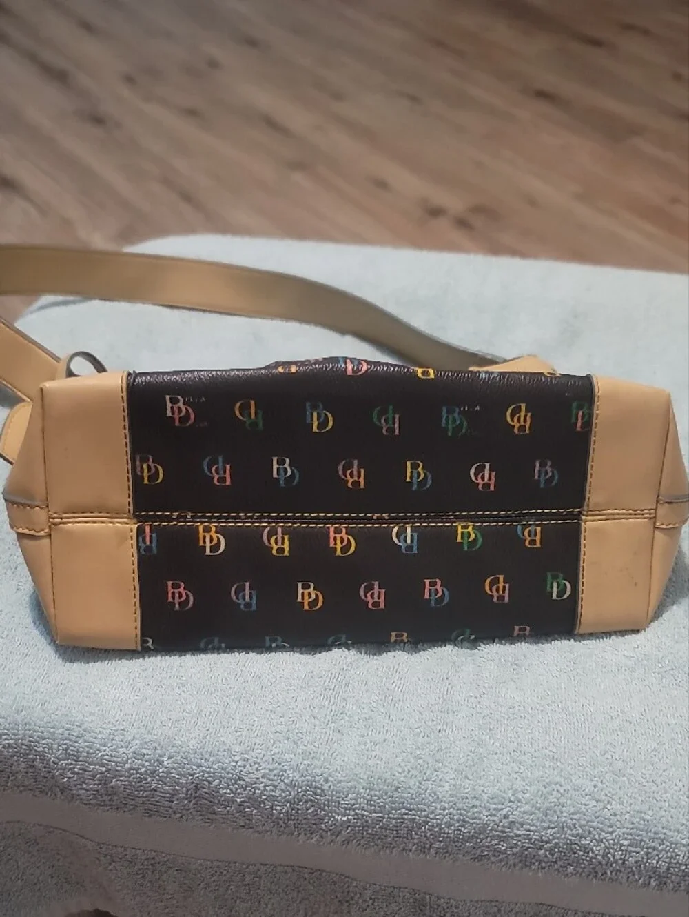 Bella D. Black Shoulder Bag with Multicolor Logo and Tan Accents